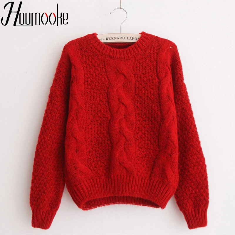 

Houmooke Women Autumn Winter Cheap Sweaters Warm Thick Pullover and Jumpers Twisted Christmas Pull Femme Red Sweater out Tops