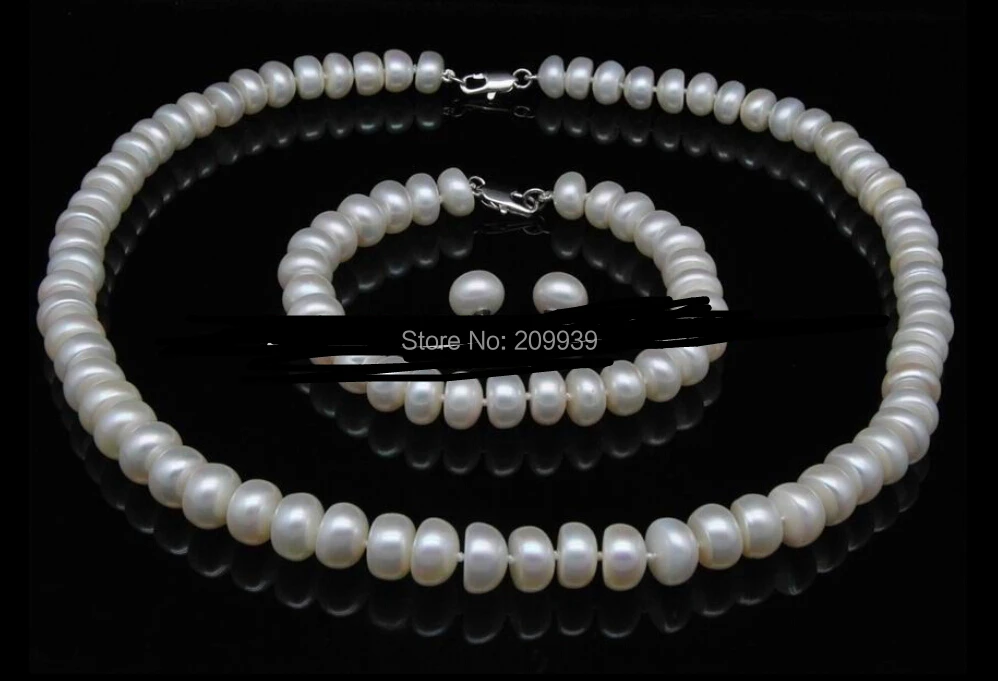 

huij 003604 7-8mm White 1set Akoya Pearl Abacus Necklace 18'' Bangle 7.5'' Earring