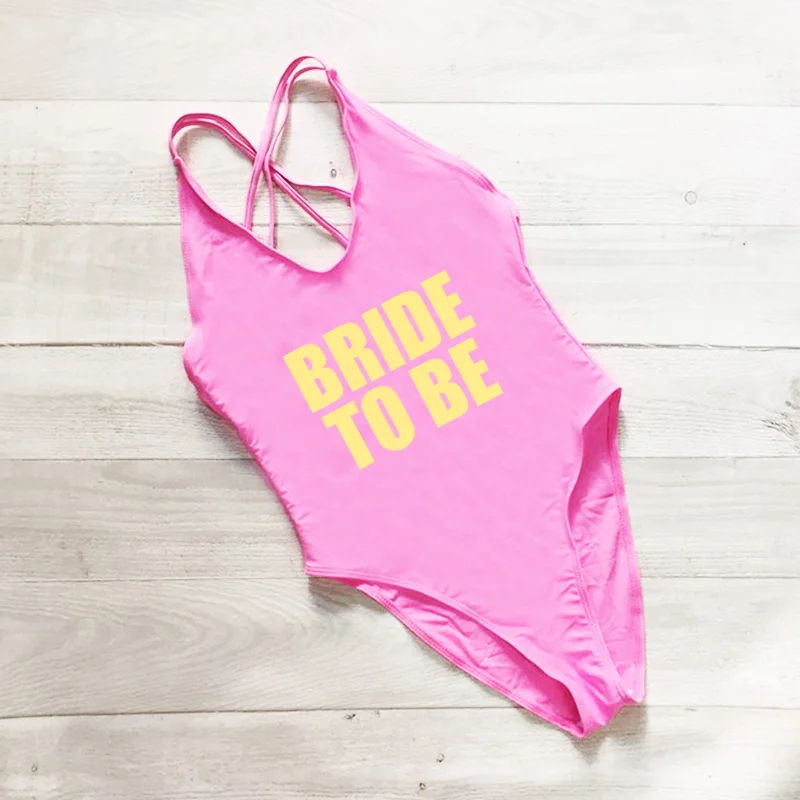 

One Piece Swimwear Women Swimsuit High Cut BRIDE TO BE Letter Print Back Cross Monokini Sexy Bodysuit Bathing Suit monokini Red