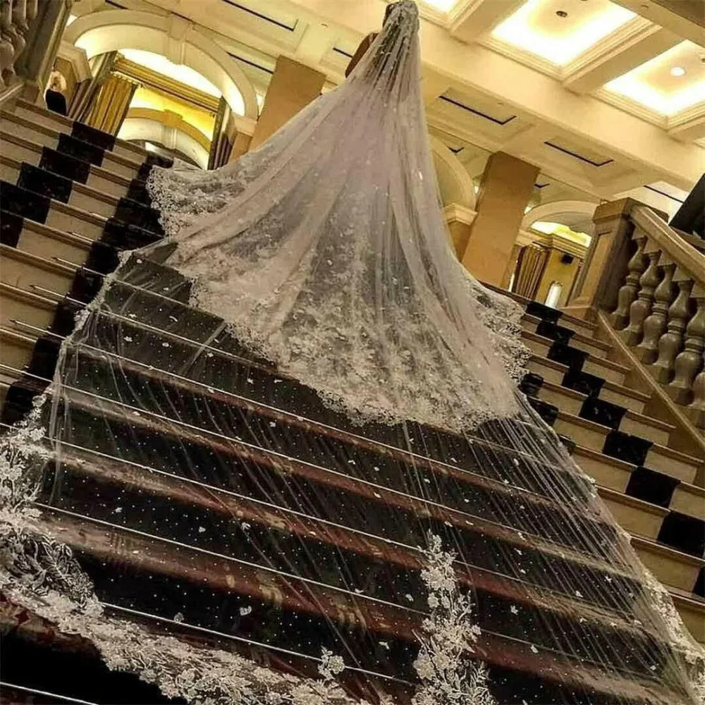 

Custom Made Cathedral Length Wedding Veil With Comb Lace Appliques Pearls Bridal Accessories