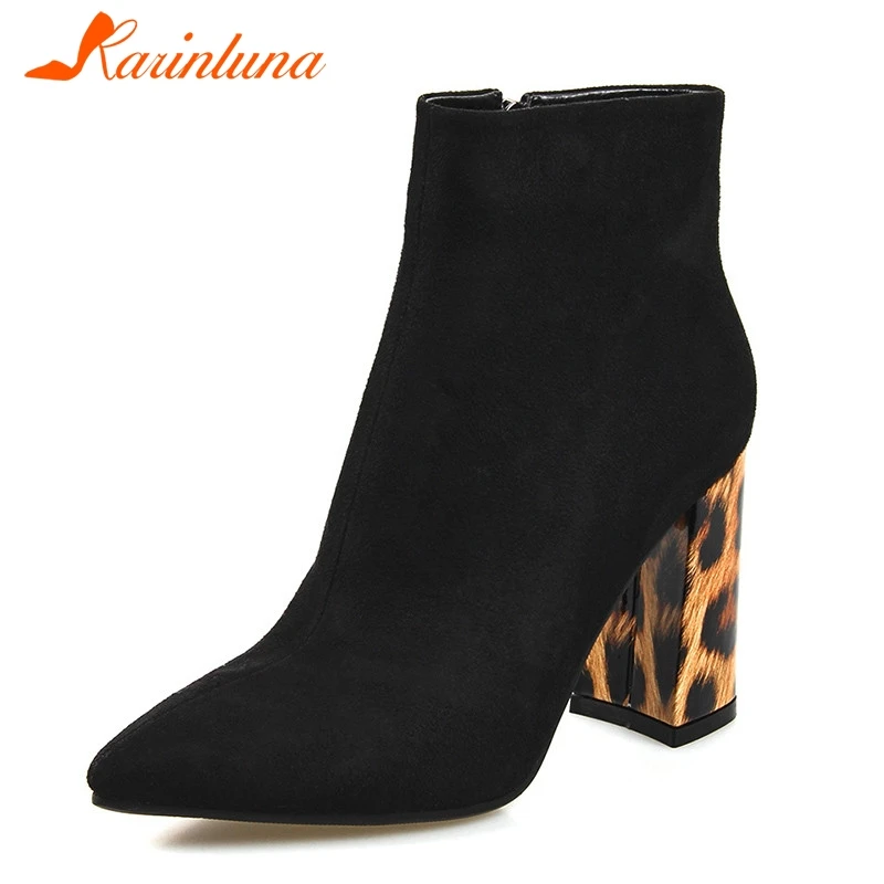 

KARINLUNA Women Flock Ankle Boots Black Pointed Toe Solid High Heels Boots Short Plush Fashion Heels 9.5 Cm Winter Warm Boots