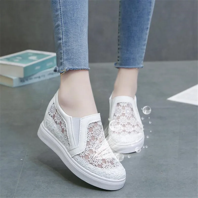 

ELGEER 2019 Spring Women Fashion Wedge Lace Up High heel Shoes Round Toe Increasing lace hollow breathable White Sneakers