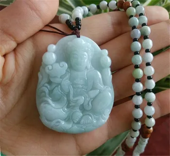 

100% Natural Jadeite Jades Pendant 3 D Handmade Carved Guanyin Bodhisattva Pendants Men's Amulet Jades Jewelry +Beads Necklace