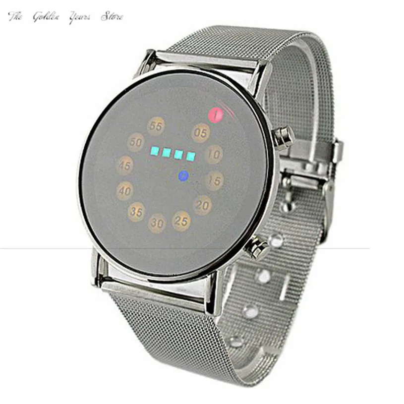 

New 2018 relogio masculino Reloj Watch Men Red + Yellow + Green + Blue LED Light Stainless Steel Fashion WristWatch gift 1220d40