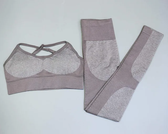 Brown 2 Pcs Set Женский бесшовный Набор для йоги, одежда с высокой талией, леггинсы для бега+ спортивный бюстгальтер тренировочный костюм для занятий йогой Femme, комплект для фитнеса - Цвет: Brown 2 Pcs Set