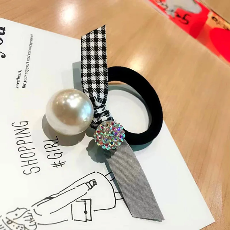 Houndstooth cloth bow hair rope color diamond pearl hair ring thick rubber band ponytail ties fashion hair accessories for women