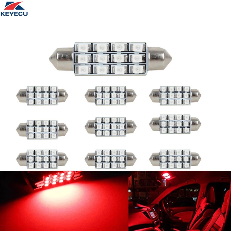 KEYECU 10 шт 12В 41 мм Festoon 1210 3528 12-SMD LED карта купольные внутренние лампочки (красный) |