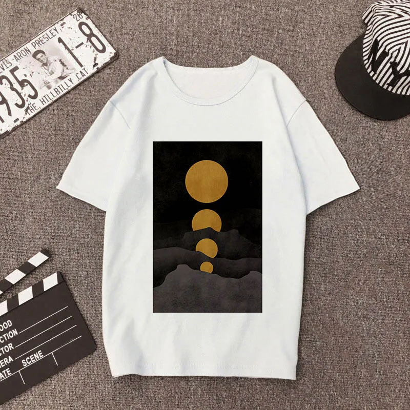 Новинка, летняя женская футболка с принтом Луны, тонкая футболка, Топы, женская одежда Harajuku, белая футболка, женская футболка с коротким рукавом