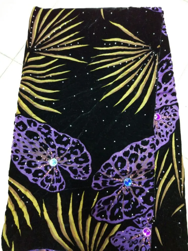 

5 Y/pc Good looking black french velvet lace gold and purple leaves design with rhinestone and crystal velveteen lace dress BV24
