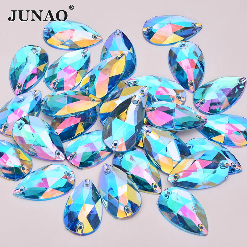 JUNAO 17*28mm Sewing Red AB Teardops Rhinestone Applique Large Crystal Stones Sew Strass Crystal Flatback Acrylic Gems Crafts - Цвет: Aquamarine AB