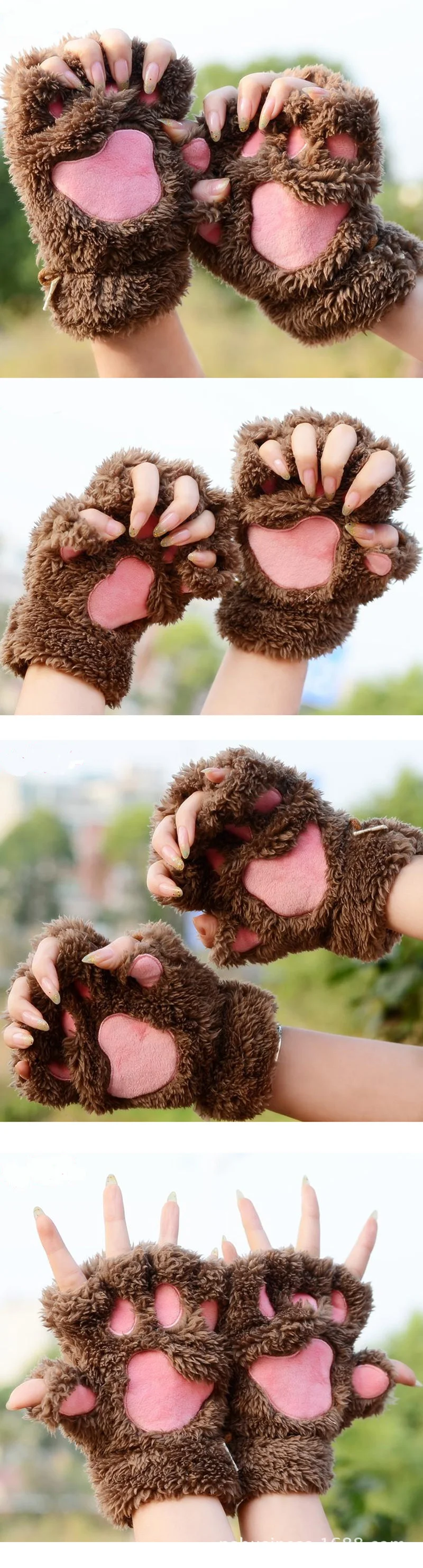 Winter cute cartoon cat girl mitt thickening fluff bear paw half finger gloves G22