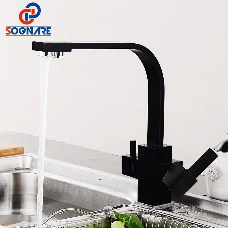 Cuadrado negro grifos de cocina de rotación de 360 grados 3 Filtro de agua de grifo grifos de latón cocina lavabo grifo agua mezclador - 1
