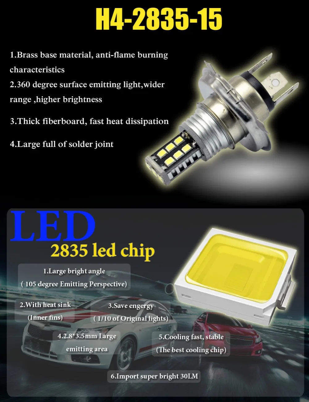 AutoEC 2 шт. H4 9003 HB2 15SMD 2835 светодиоидное для автомобиля Авто дневные ходовые огни, туман Запуск головы лампы для фар, DC12V белый# LJ57