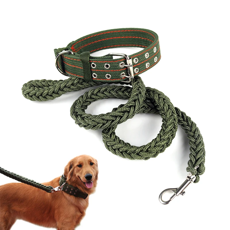 

L/XL Super Strong Coarse Nylon Dog Leash Army Green Canvas Double Row Adjustable Dog Collar For Medium Large Dog Pitbull