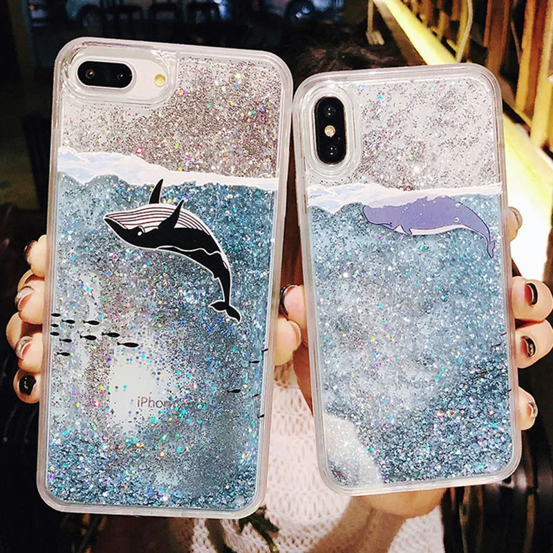 

LOVECOM Phone Case For iPhone 6 6S 7 8 Plus X DIY Sea Whale Quicksand Glitter Transparent Soft TPU Back Cover Cases Coque Gift