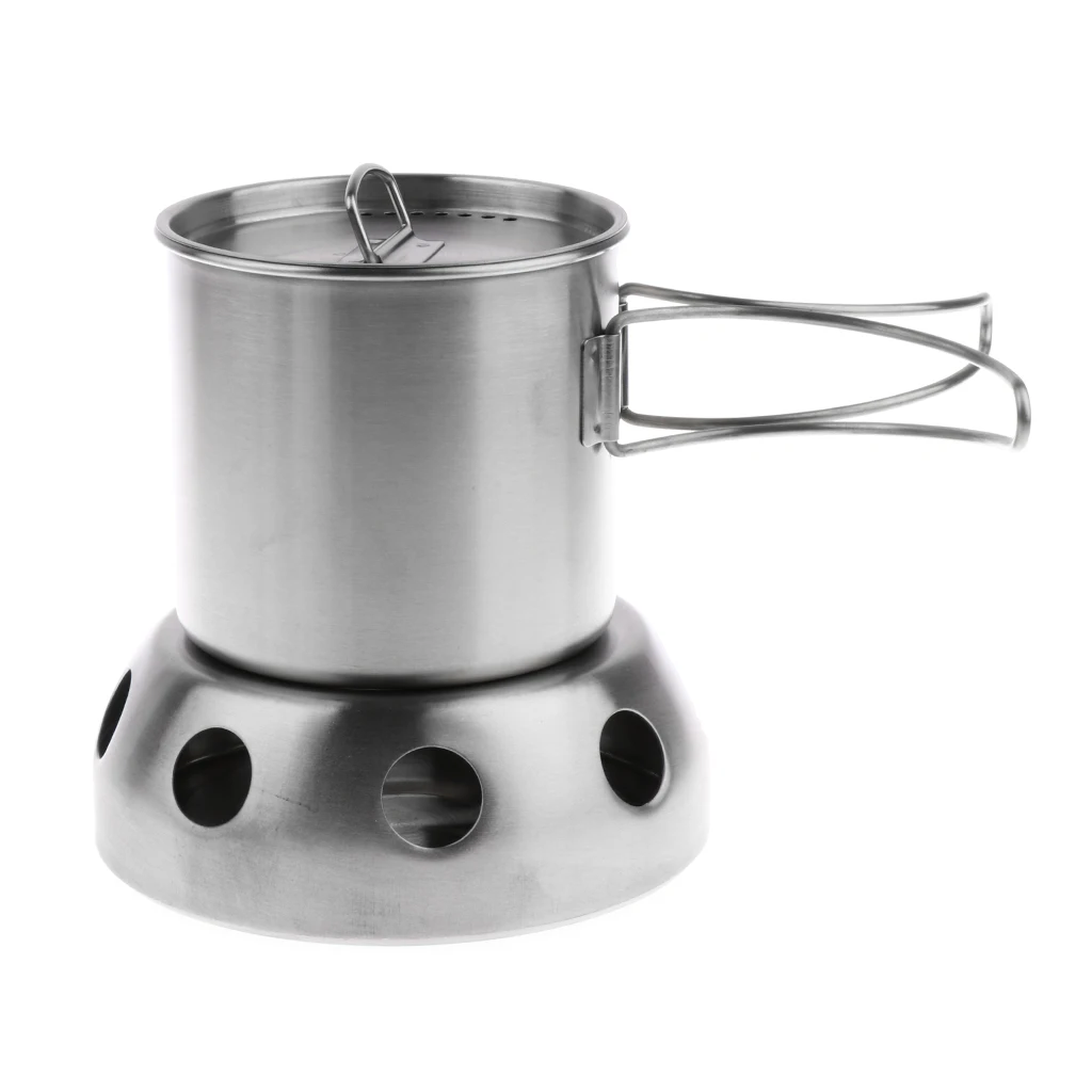 Stainless Steel Portable Camping Backpacking Cup Pot Alcohol Stove Cook Set with Vented Lid Folding Handle and Measurement Mark 