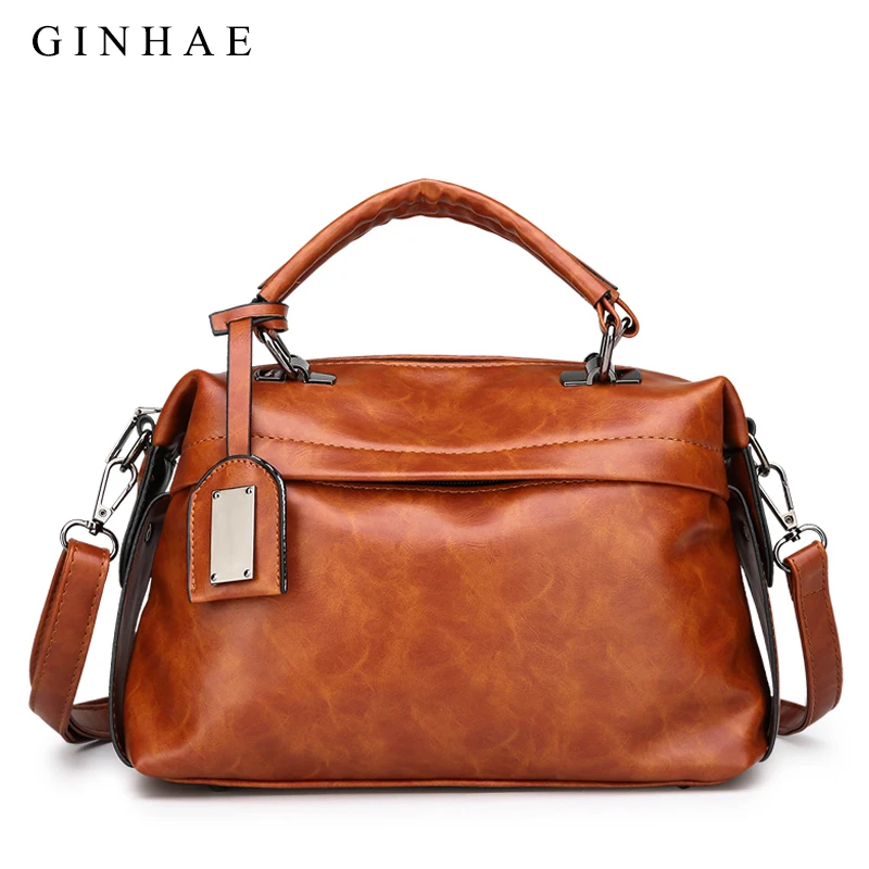 Luxury Wax Oil Leather Women Boston Bag Brand Designer Female Handbags