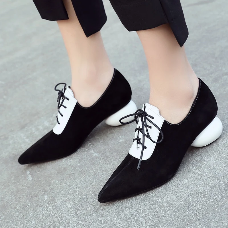 

Genuine Leather Women High Heels Point toe HighHeels Platform Pumps Lace Up Cow Leather Ladies Shoes Elegant Party Wedding Pumps