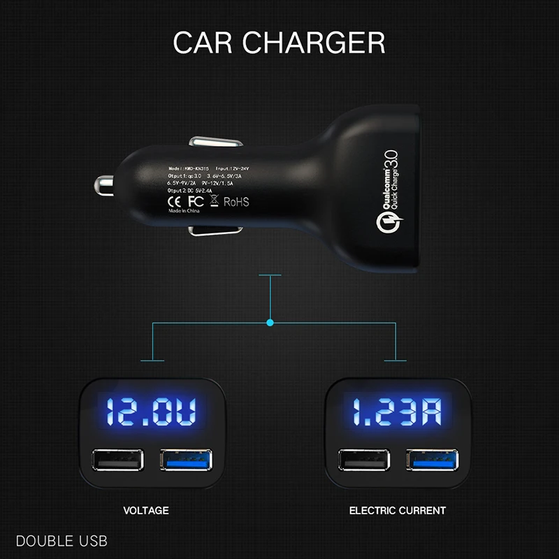 Автомобильное зарядное устройство Quick Charge 3,0 с двумя usb-портами, светодиодный дисплей, универсальное автомобильное зарядное устройство для телефона Xiaomi, samsung, IPhone, планшета и т. Д