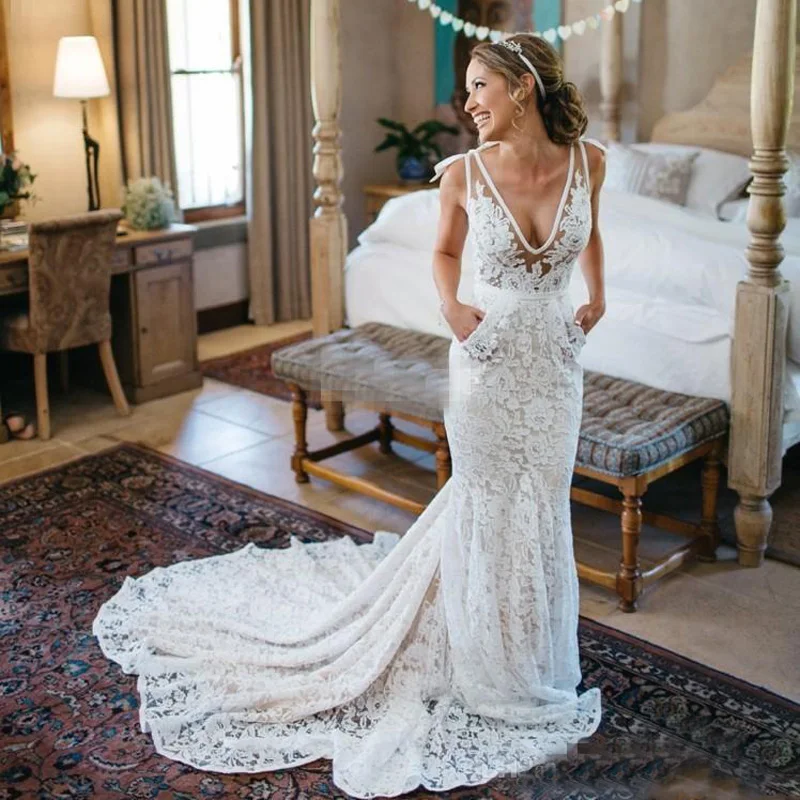 I più venduti Inbal Dror abiti da sposa in pizzo Sexy Backless Deep scollo  a V cappella treno con tasche 2019 abito da sposa estivo da spiaggia|dress  vintage|dress shirt no collardress slip
