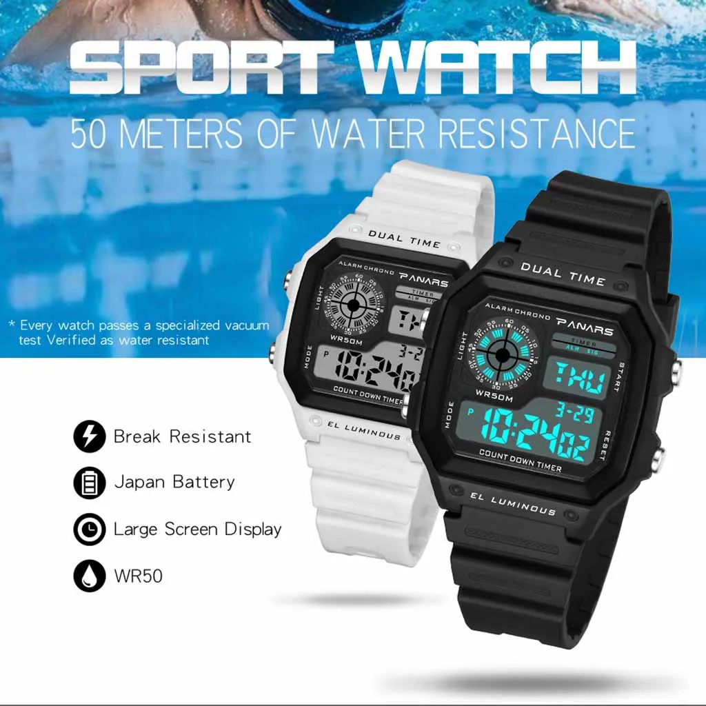 Водонепроницаемые мужские многофункциональные электронные часы Dual Time, светодиодный, цифровые часы, модные мужские часы gif, для спорта на открытом воздухе
