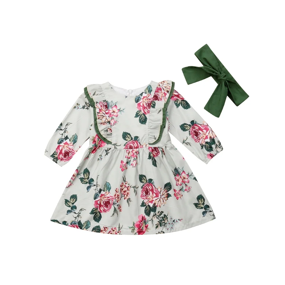 Милое платье с цветочным рисунком для маленьких девочек платье для маленьких девочек праздничное платье принцессы с длинными рукавами детская одежда для маленьких девочек