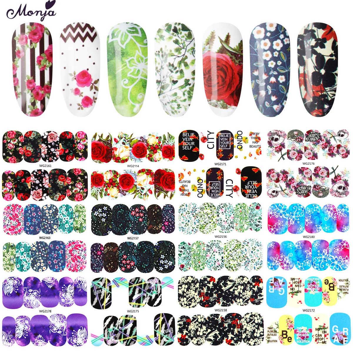 

Monja 25 Sheets/Set Nail Art Multiple Styles Water Transfer Sticker Watermark Flower Petal Nail Tips Decal Manicure Decoration