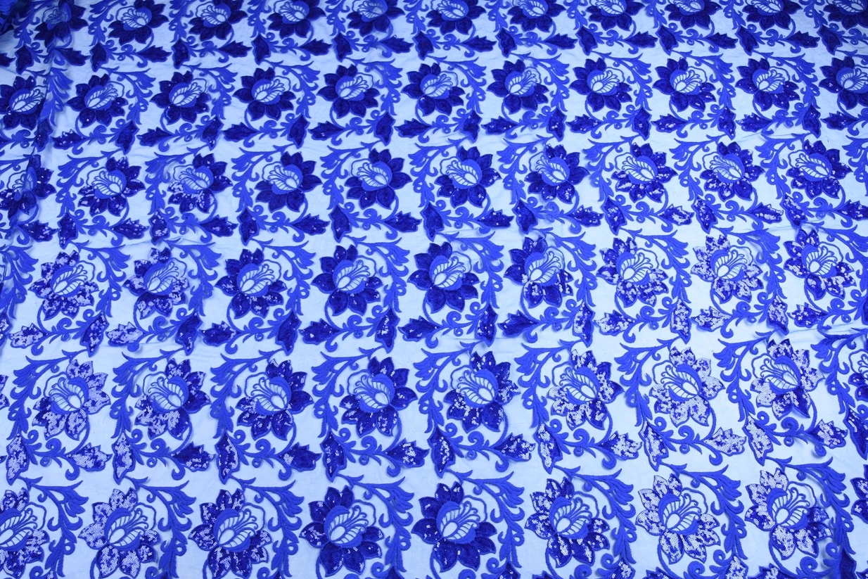 Latest Royal Blue African Embroidery Tulle Lace Fabric High Quality French Milk Silk Lace Fabric With Sequins 5 Yards 1611