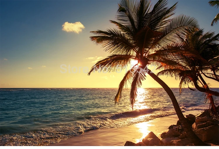 Пользовательские 3D фото стена Бумага Гостиная море Sunrise Sunset приморский пляж кокосовое Ёлки природа пейзаж росписи Бумага настенная живопись