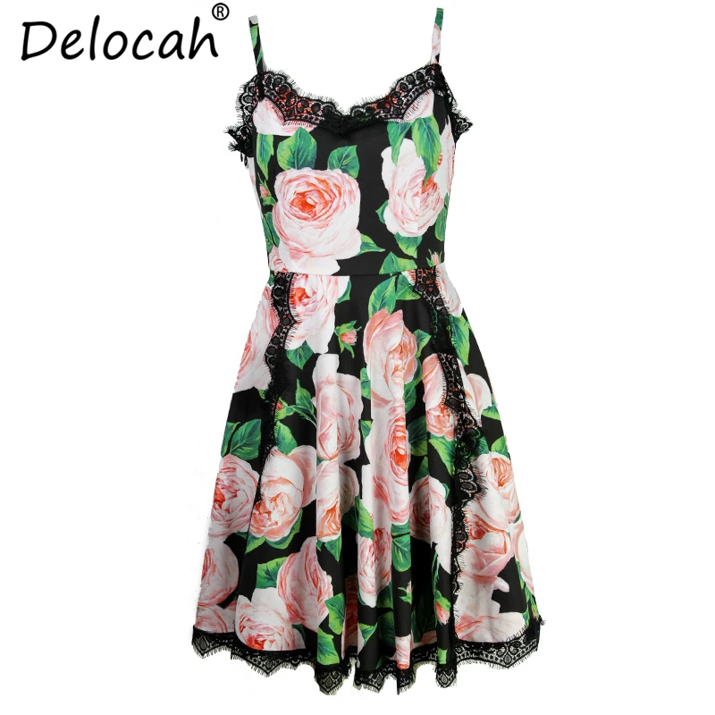 Delocah Women Summer Spaghetti Strap Dress Runway Fashion Designer Sexy Backless Lace Floral Print Elegant Casual Holiday Dress