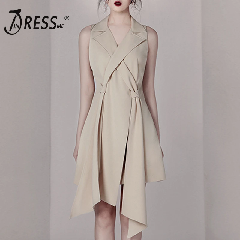 

INDRESSME 2019 Women Sexy Suit Dress Sleeveless Office Lady Suit Dress With Sashes Knee-Length Asymmetrical Hem Fashion Dress