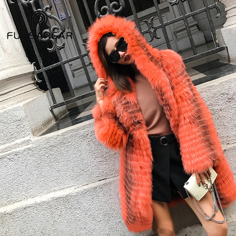 

FURSARCAR 2018 NEW Fashion Orange color Real Fox Fur Coat Women Winter Natrual Fur Female top quality Long Fox Fur with Hood