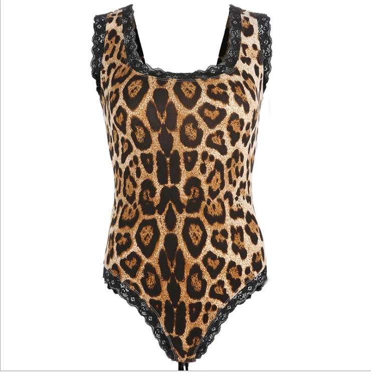 Сексуальное леопардовое Боди женское кружевное Бандажное топ-боди с круглым вырезом Женский клубный Облегающий комбинезон Пляжная одежда