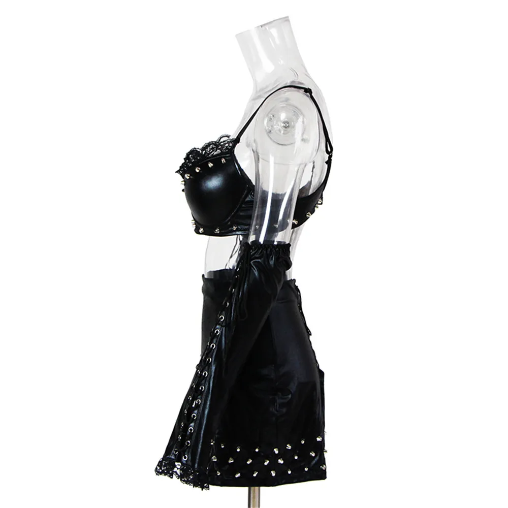 Exotic Apparel Women Lingerie Set Gothic Steampunk Black Rivet Vinyl Leather Bra Mini Skirt Sex Set Club Wear Christmas Lingerie (6)