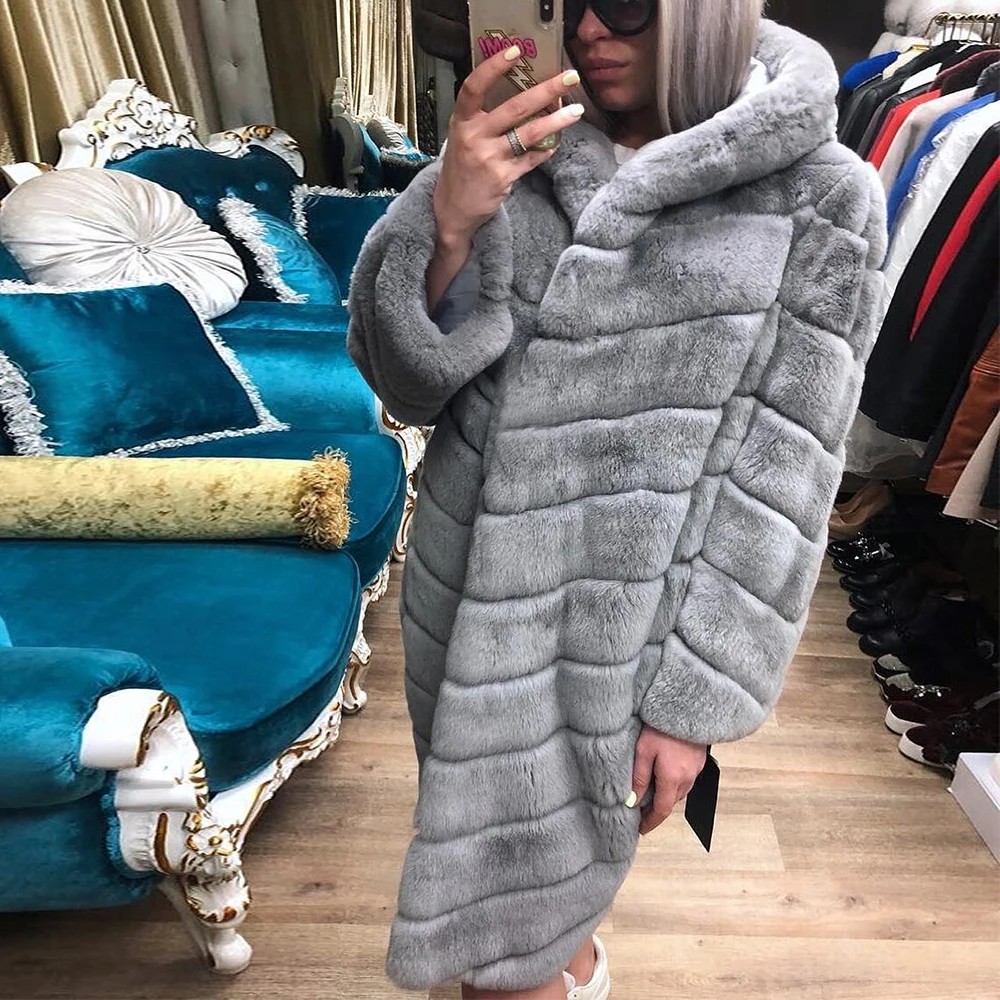Wholesale Promotion Rex Rabbit Fur Coat For Women Winter Outerwear Jackets Real Fur Rabbit Coats With Warm Hooded All-match Tops