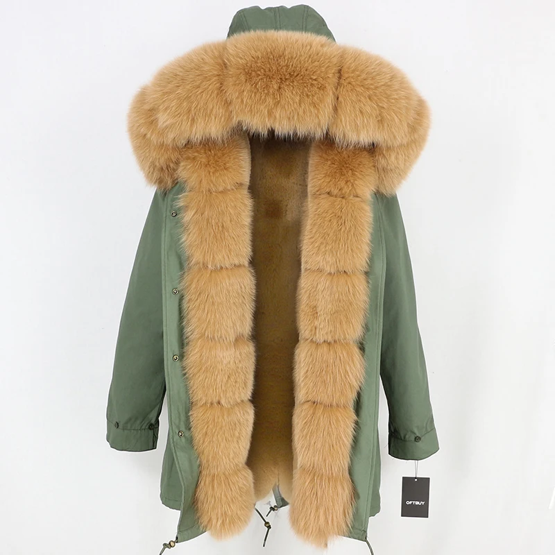 OFTBUY, зимняя женская куртка, шуба из натурального Лисьего меха, длинная парка, натуральный Лисий мех, капюшон, брендовые парки, Толстая теплая уличная одежда, отстегивается - Цвет: green camel
