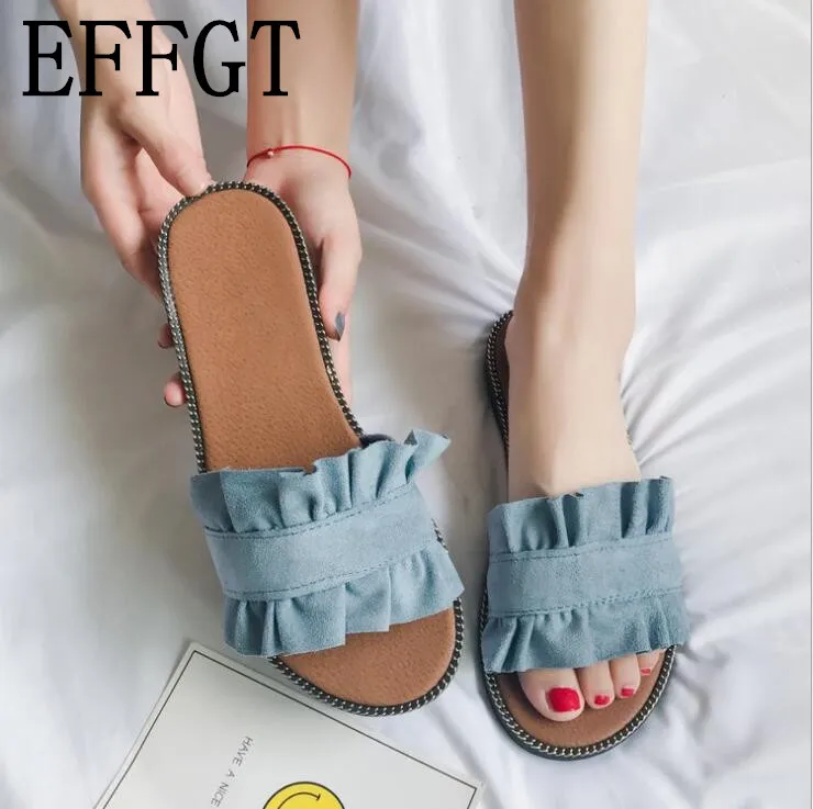 

EFFGT 2019 Women Slippers Flip Flops Summer Women Ruffles Beach fashion women Sandals Casual Shoes Slip On flats Slippers
