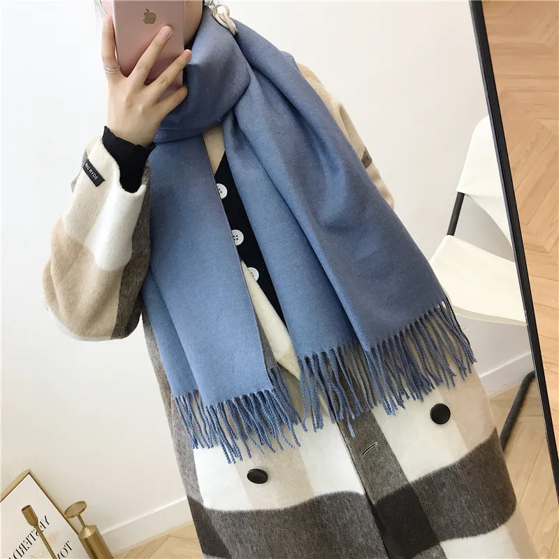 Female new 10 colors tassel scarf monochrome double-sided warm shawl imitation cashmere bib
