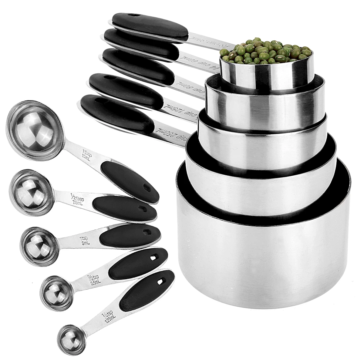 

Stainless Steel Measuring Cups & Spoons Set- 5 Cups + 5 Spoons-Non-slip silicone Grip-for Dry & Wet Ingredients-Baking Tools