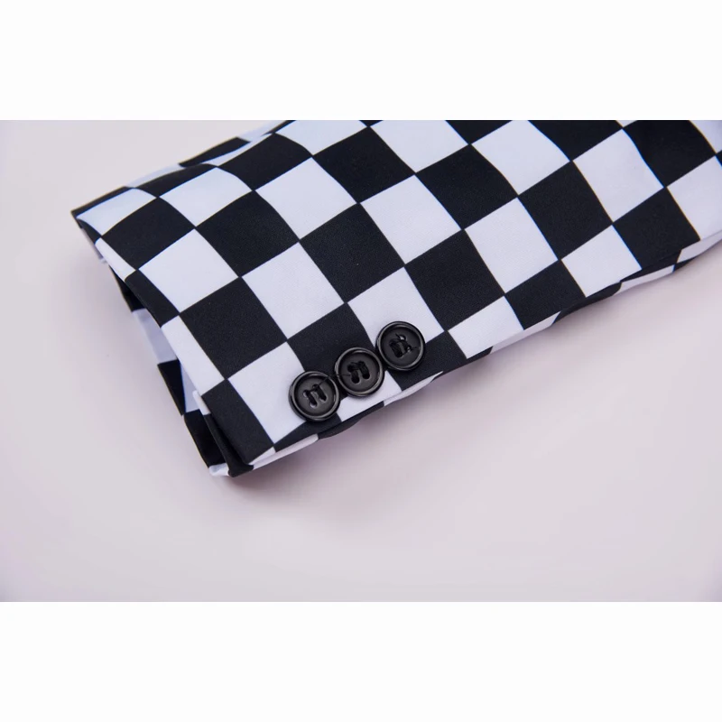 SHENRUN Fashion Suit Men Black White Plaid Print 2 Pieces Set Latest Coat Pant Designs Wedding Stage Singer Slim Fit Costume