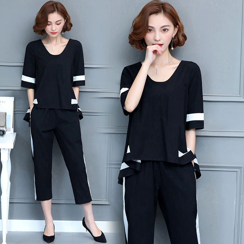 

Plus Size suit Women 2 Piece set short Top and Pants 2018 Summer temperament female large size Clothing Sets white and black 5