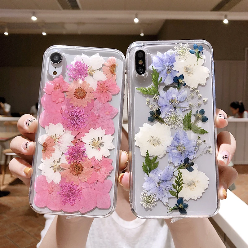 

For iPhone X XR XS Max Phone Cases Real Flower DIY Dried Pressed Transparent TPU Cover For iPhone 6 6s 7 8 Plus Cases