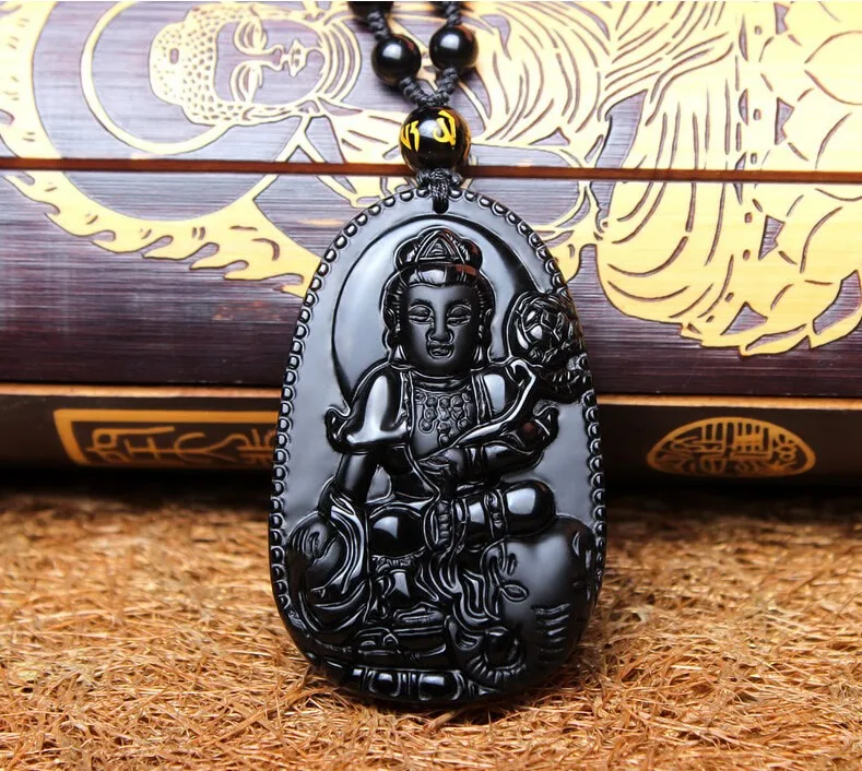 Натуральный черный Обсидиан Резной Будда Лаки амулет кулон ожерелье для женщин мужчин Подвески модные украшения 48*32 мм