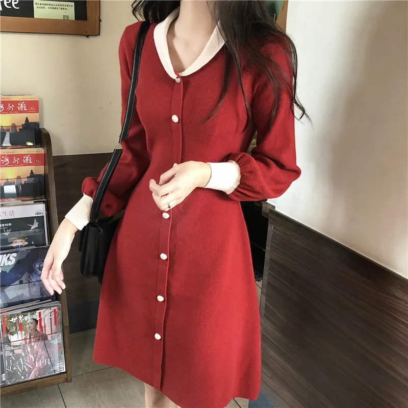 

Spring New Arrival Women Red Dress Patchwork Lapel Long Sleeve V Neck Knitted Dresses with Button Elegant Party Casual Slim 2019