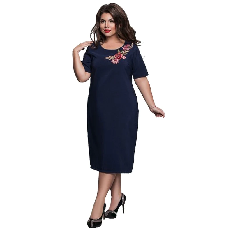 

2018 Femme Elegant Office Evening party Big Large Size Dresses Summer Plus size Women Flowers Embroideried Dress RORH