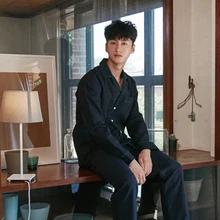 Джинсовая синяя Корейская версия новой пары пижамы Весна и осень хлопок с длинными рукавами кардиган домашний костюм для мужчин