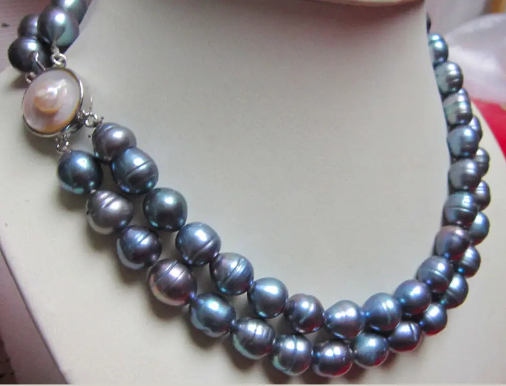 

Jew 2 ROW 10-13mm TAHITIAN NATURAL BLACK PEARL NECKLACE 17-18 INCH MOTHER CLASP AAA