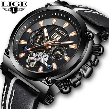 

LIGE Brand Men Watches Automatic Mechanical Watch Tourbillon Sport Clock Leather Casual Business Wristwatch Gold Relojes Hombre