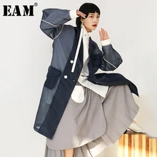 [EAM] 2019 Nuovo Autunno Inverno Risvolto Manica Lunga Organza Split Comune Tasca Impiombato Giacca A Vento Donne Trench e Impermeabili di Modo di Marea JR448(China)