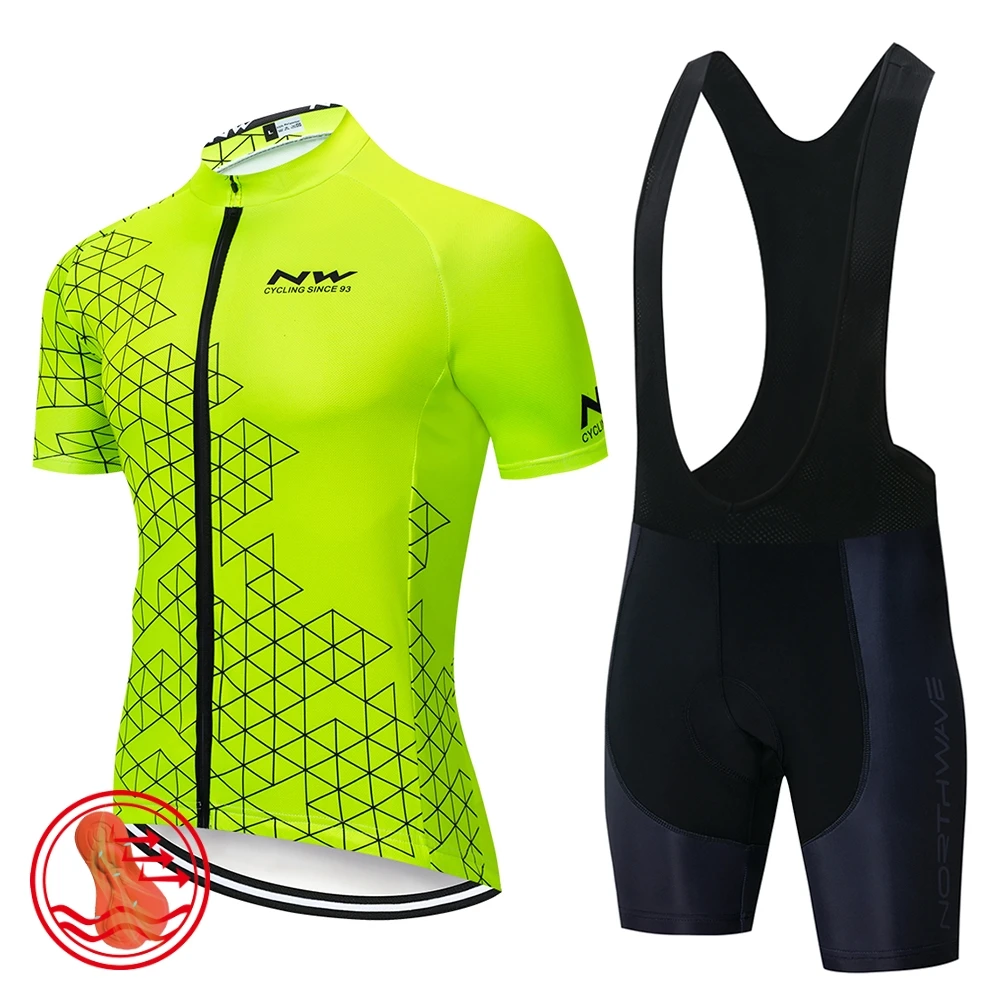 

NW 2019 Fluorescent Yellow Men Cycling Jersey short sleeve Set Maillot bib shorts Bicycle Clothes Quick Dry Shirt Clothing Suit